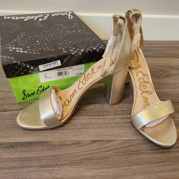 New in original box, Sam Edelman Yaro light gold leather block heels, size 10 - Picture 6 of 12